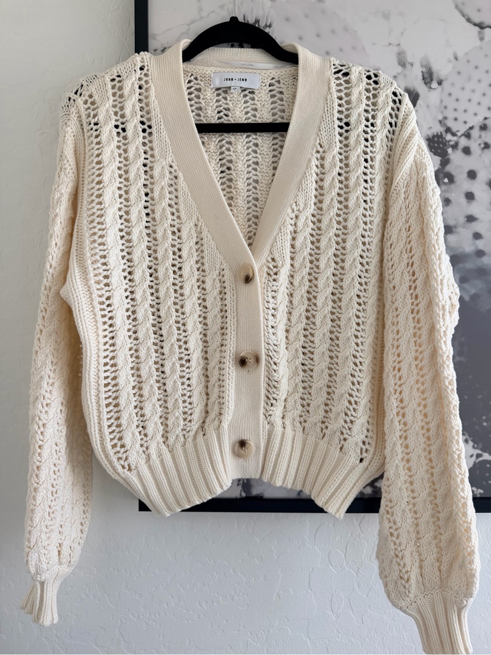 John + Jenn 100% Cotton Open-Knit Cream Button Cardigan size Small